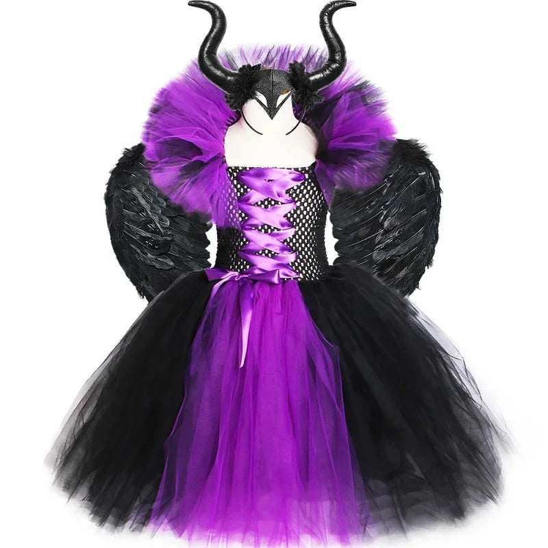 Halloween Dark Queen Costume for Kids Carnival Party Dress Up Outfit Purple Black Witch Costume for Girls Fancy Tulle Tutu Dress
