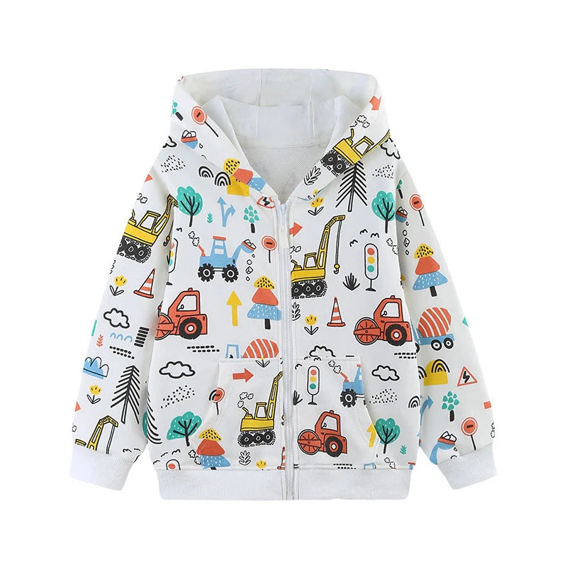 Children's Hooded Jacket New Cars Printed Long Sleeve Zipper Winter Autumn Outwear for Boys Girls 2-7T Spring Coats
