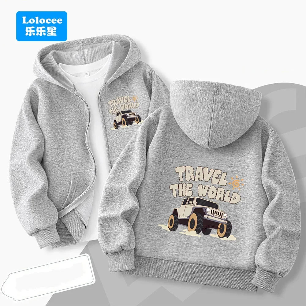 Children's long-sleeve zip-upjacket for autumn and wintercartoon-style outerwear with "23" print;boys' jacket hooded sweatshirt.