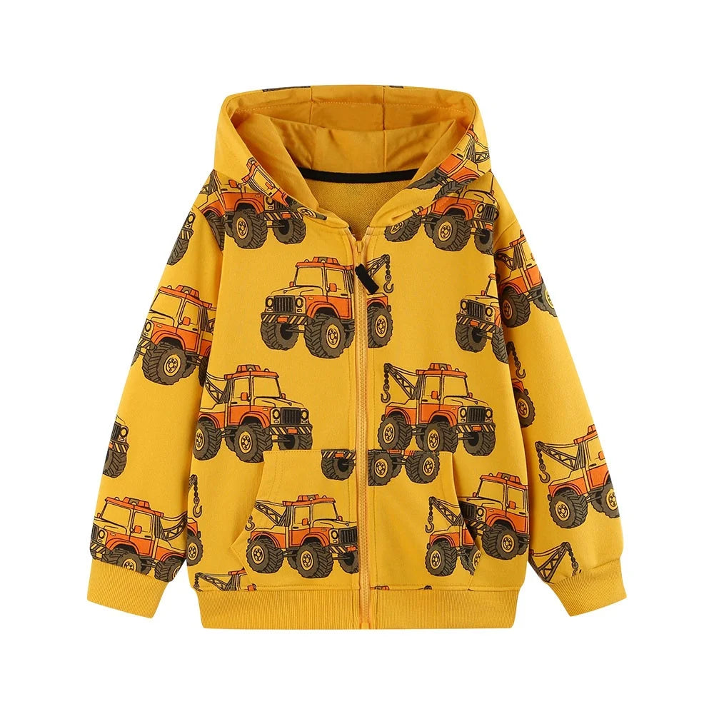 Children's Hooded Jacket New Cars Printed Long Sleeve Zipper Winter Autumn Outwear for Boys Girls 2-7T Spring Coats
