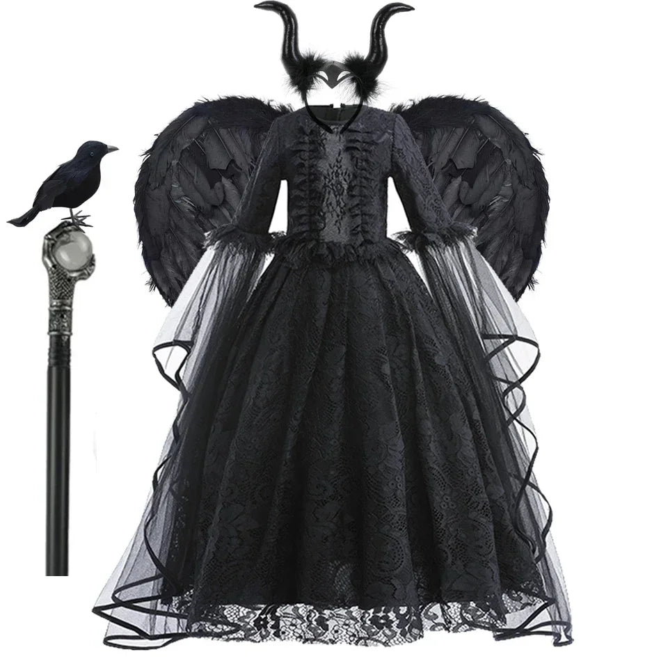 Maleficent Costume Girl Girls Halloween Costume Cosplay Evil Queen Black Mesh Children Carnival Party Wand Demonic Witch Dress