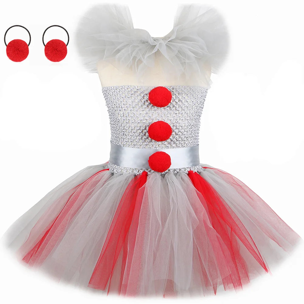 HJTT Creepy Clown Costume for Girls Halloween Tutu Dress Grey Red Scary Clown Outfit Kids Carnival Party Fancy Dress Up Clothes