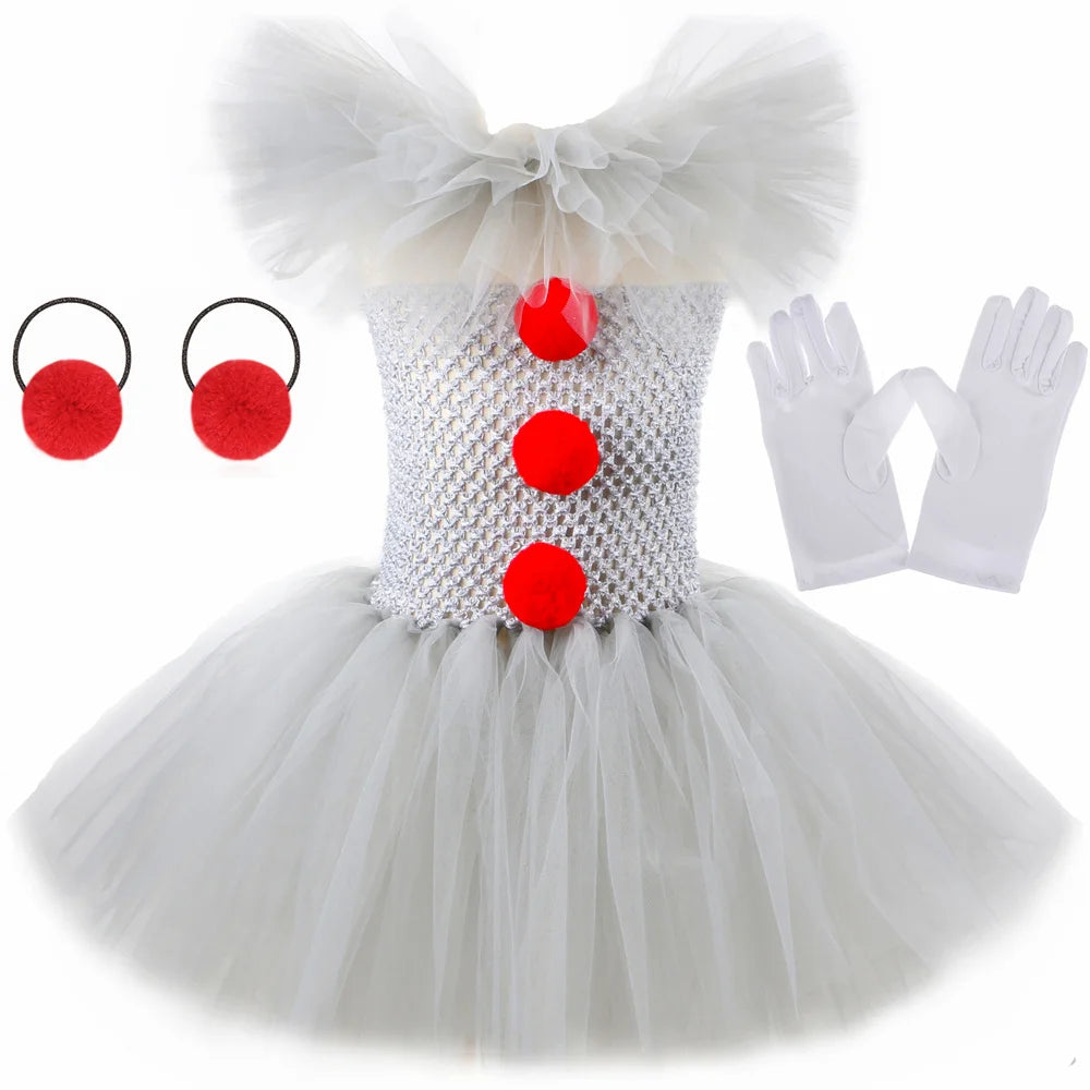 HJTT Creepy Clown Costume for Girls Halloween Tutu Dress Grey Red Scary Clown Outfit Kids Carnival Party Fancy Dress Up Clothes