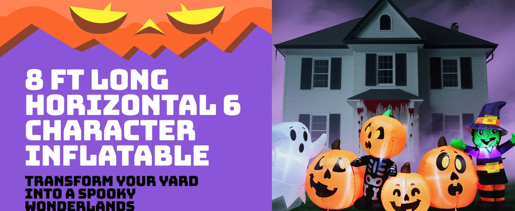 8 ft Long Halloween Inflatable Three Characters and Pumpkin Patch Outdoor Decoration Inflatable Witch Ghost Skeleton Yard for Halloween Gift