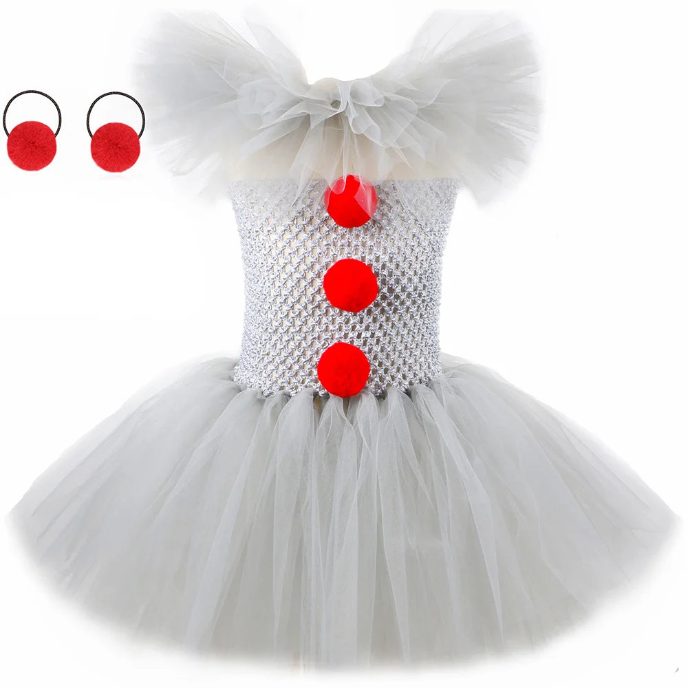 HJTT Creepy Clown Costume for Girls Halloween Tutu Dress Grey Red Scary Clown Outfit Kids Carnival Party Fancy Dress Up Clothes