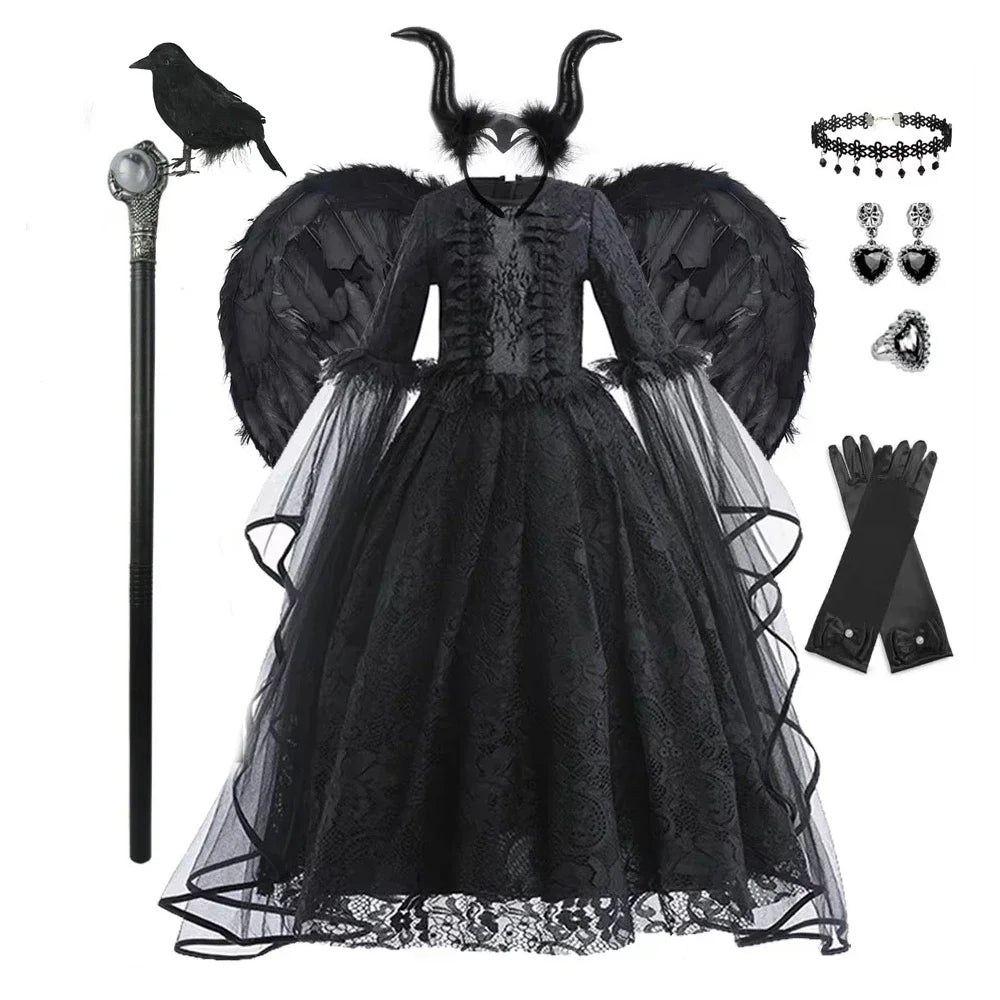 Maleficent Costume Girl Girls Halloween Costume Cosplay Evil Queen Black Mesh Children Carnival Party Wand Demonic Witch Dress