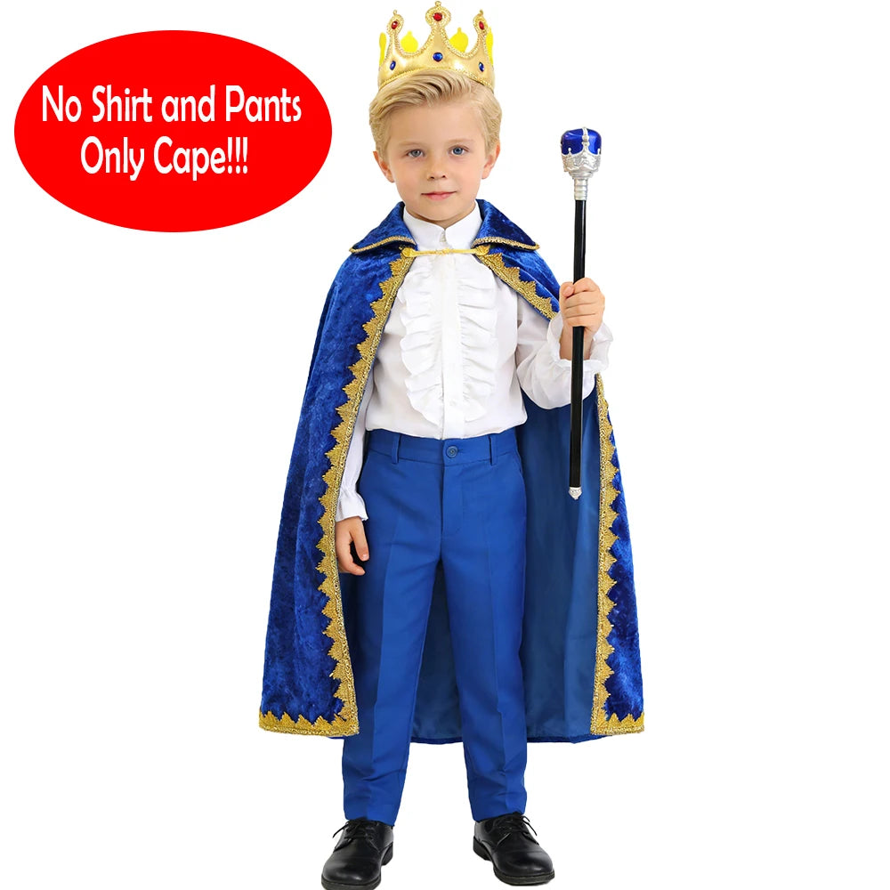 High Quality Boys King Costumes Birthday Christmas Halloween Party Children Red Blue Velvet Cloak Kids Prince Robe Crown Scepter