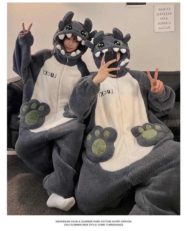 Kigurumi Cat Dinosaur Shark Women Men Pajamas Onesie Couples Jumpsuit Winter Thicken Hooded Pyjamas Halloween Christmas Homewear