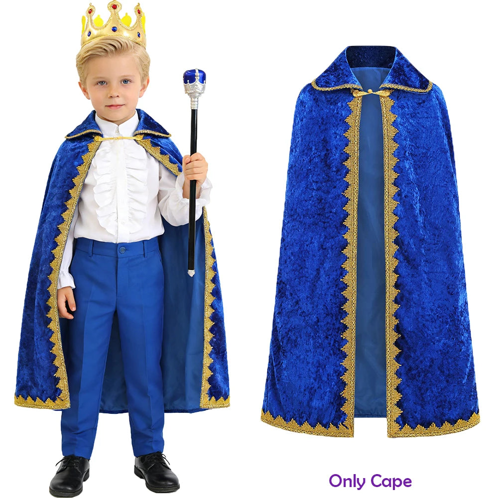 High Quality Boys King Costumes Birthday Christmas Halloween Party Children Red Blue Velvet Cloak Kids Prince Robe Crown Scepter