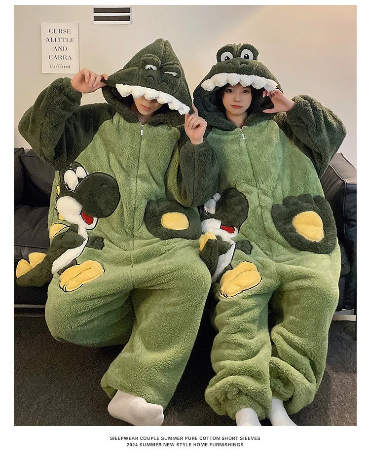 Kigurumi Cat Dinosaur Shark Women Men Pajamas Onesie Couples Jumpsuit Winter Thicken Hooded Pyjamas Halloween Christmas Homewear