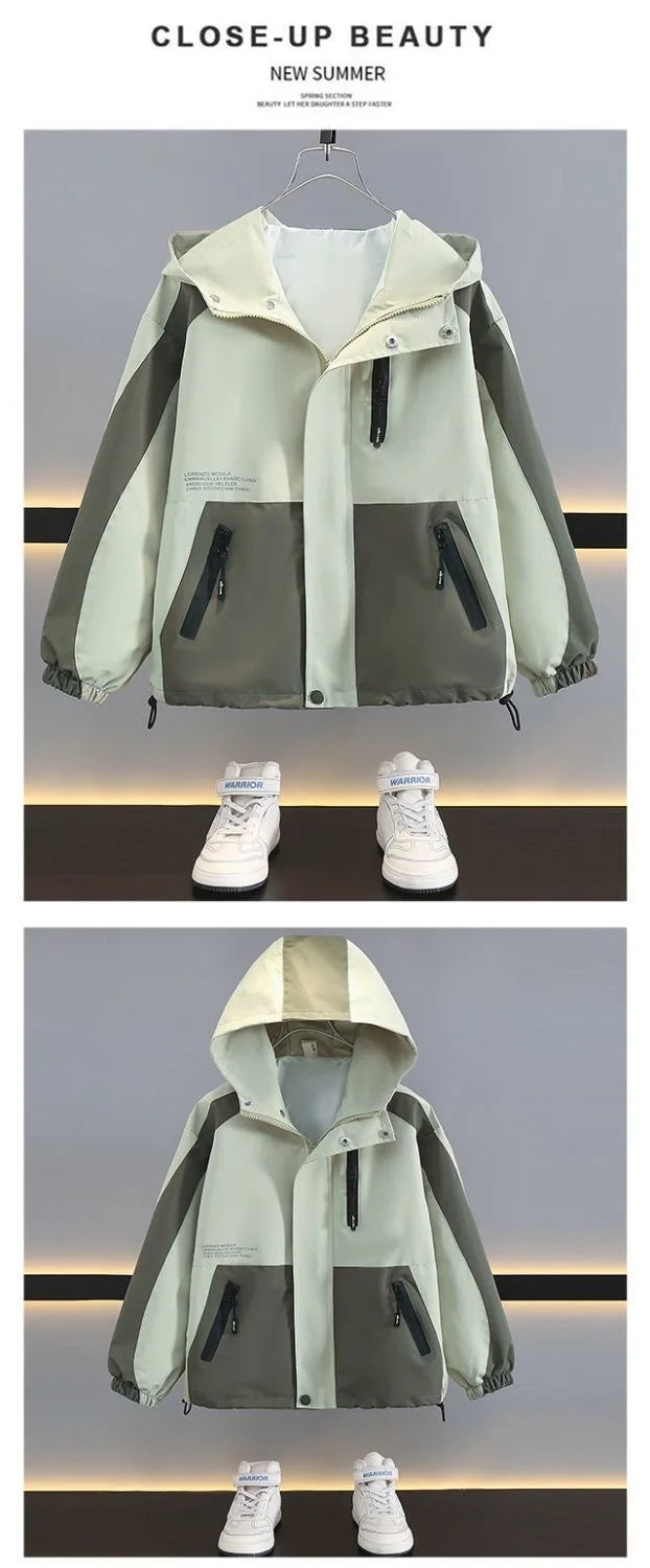 Children Clothing Color Blocking Jacket 2026 Spring Autumn Teen Boys Fashion Zipper Hooded Windbreaker Coat Kids Outewear Tops