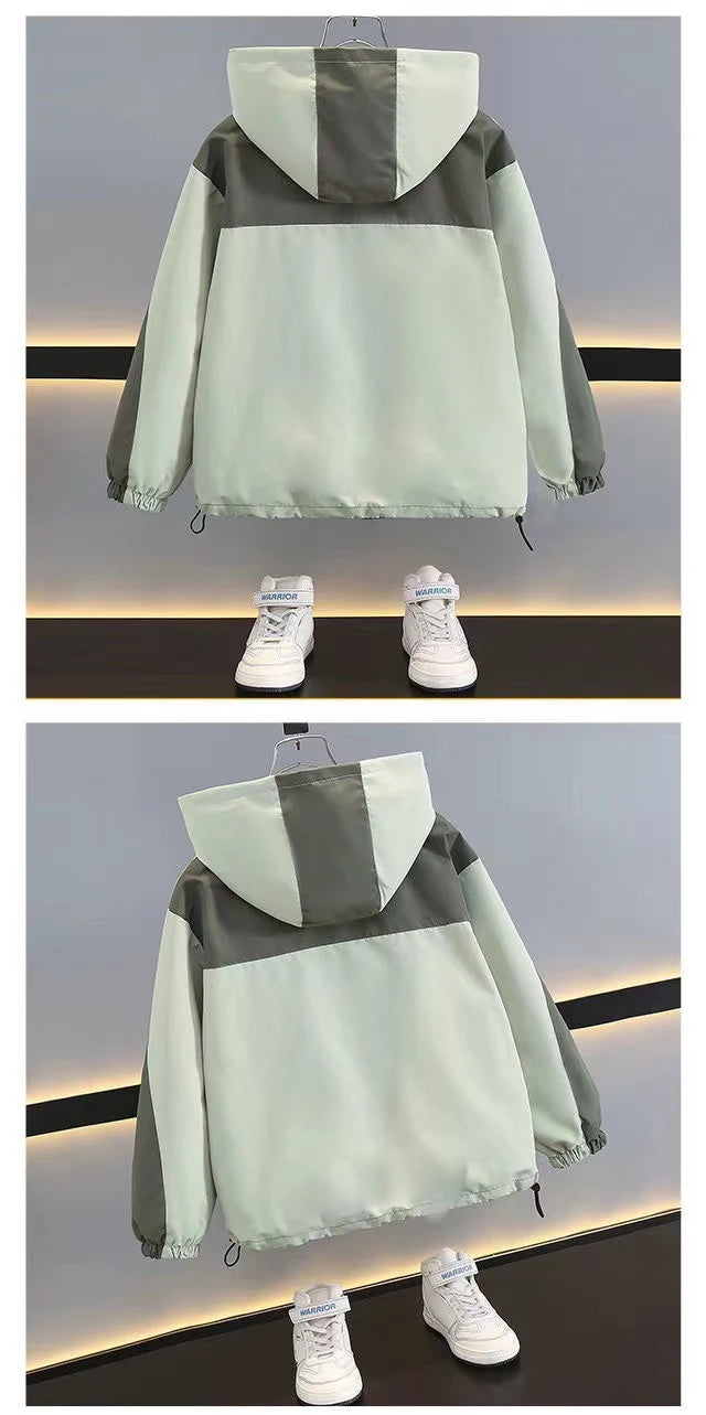 Children Clothing Color Blocking Jacket 2026 Spring Autumn Teen Boys Fashion Zipper Hooded Windbreaker Coat Kids Outewear Tops