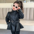 Children Leather Jacket Autumn and Winter 2026 New Fashion Waist Cinched Jacket for Girls Korean Stand Up Collar Jacket Top