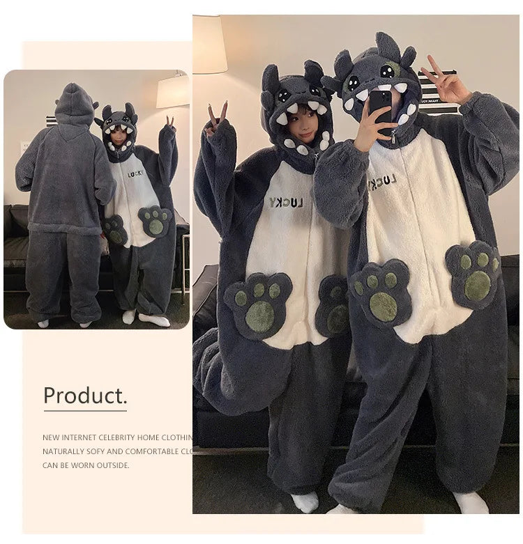 Kigurumi Cat Dinosaur Shark Women Men Pajamas Onesie Couples Jumpsuit Winter Thicken Hooded Pyjamas Halloween Christmas Homewear