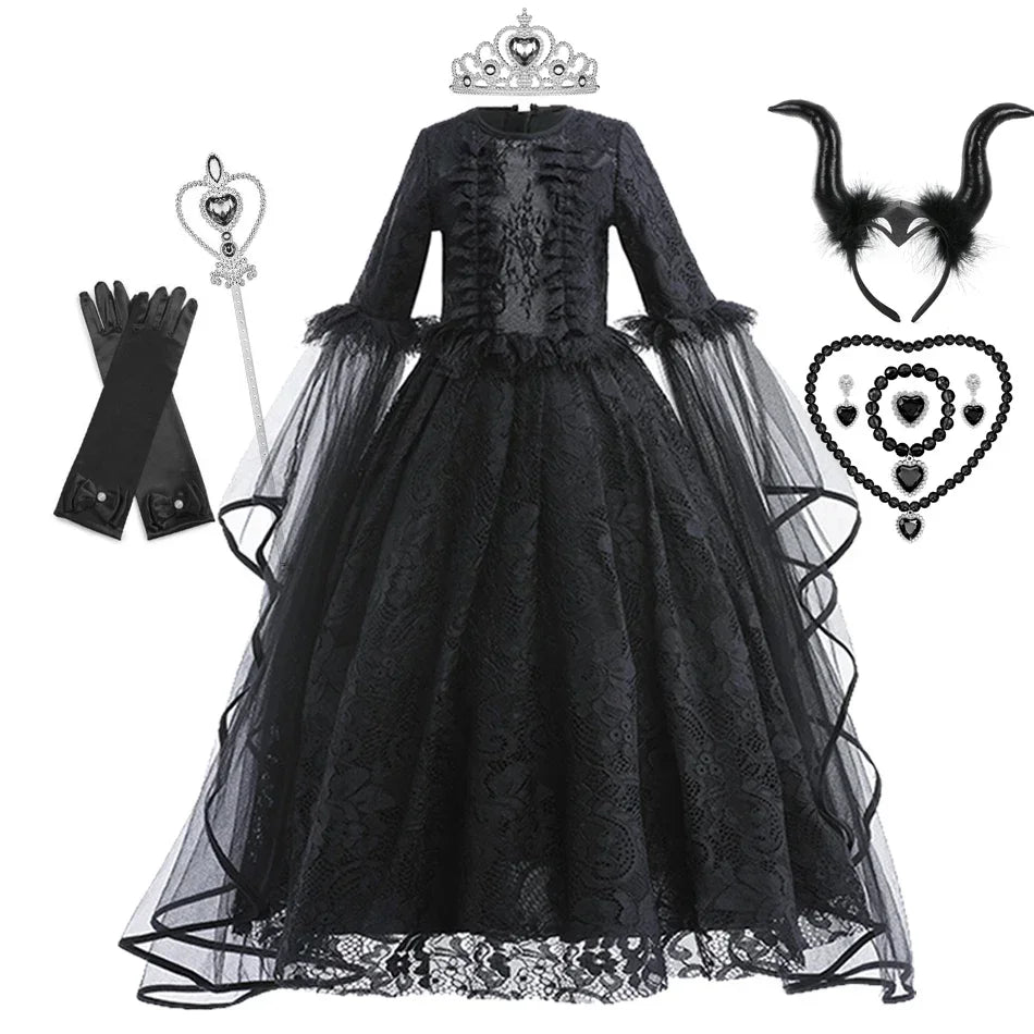 Maleficent Costume Girl Girls Halloween Costume Cosplay Evil Queen Black Mesh Children Carnival Party Wand Demonic Witch Dress