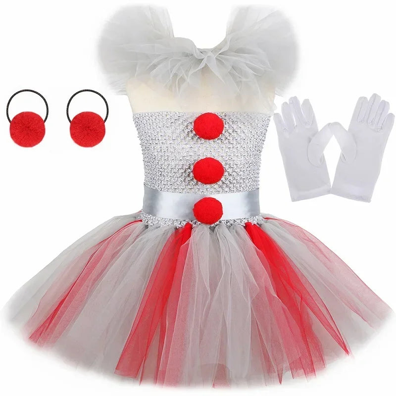 HJTT Creepy Clown Costume for Girls Halloween Tutu Dress Grey Red Scary Clown Outfit Kids Carnival Party Fancy Dress Up Clothes