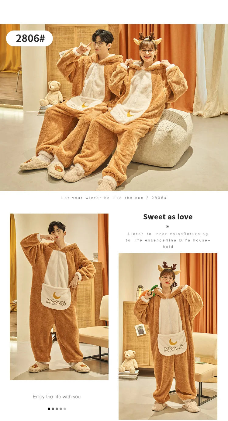 Kigurumi Cat Dinosaur Shark Women Men Pajamas Onesie Couples Jumpsuit Winter Thicken Hooded Pyjamas Halloween Christmas Homewear