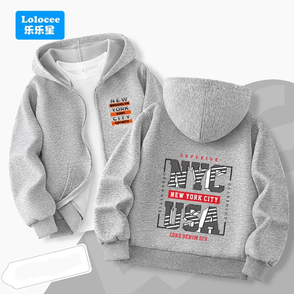 Children's long-sleeve zip-upjacket for autumn and wintercartoon-style outerwear with "23" print;boys' jacket hooded sweatshirt.