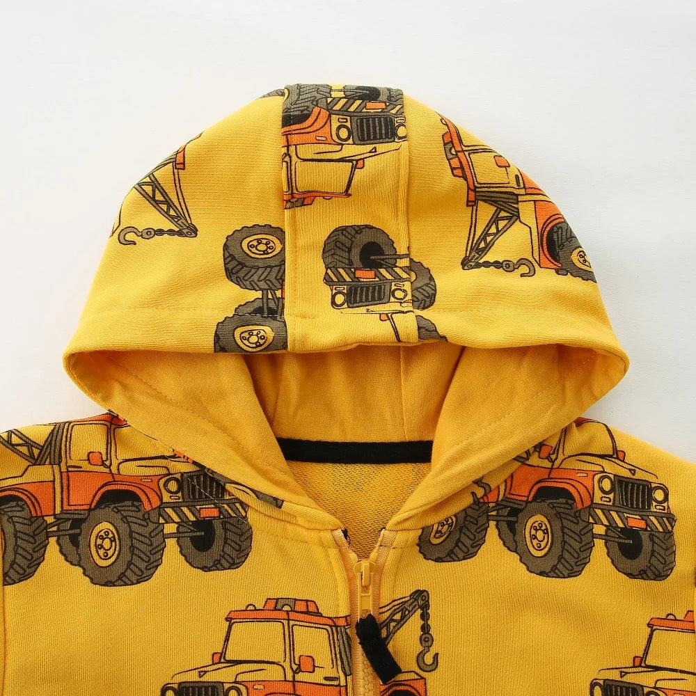Children's Hooded Jacket New Cars Printed Long Sleeve Zipper Winter Autumn Outwear for Boys Girls 2-7T Spring Coats