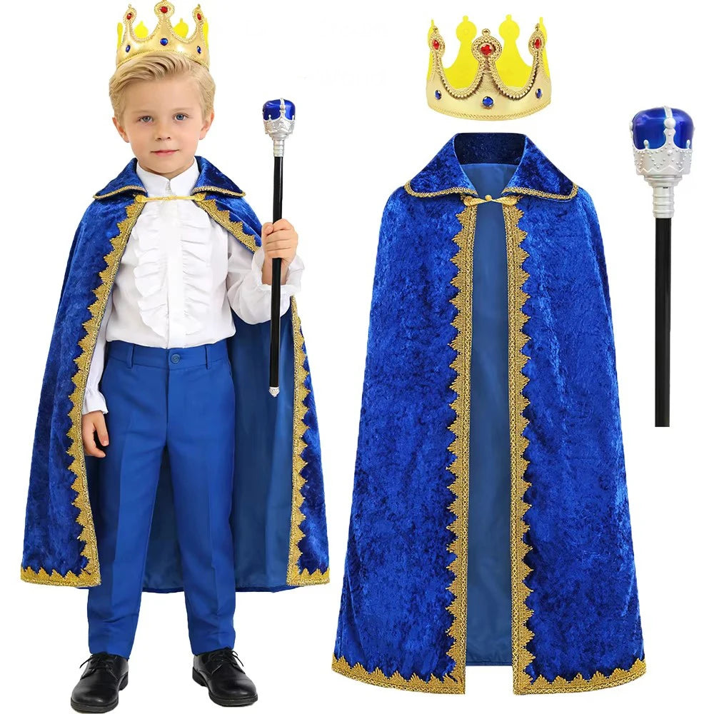 High Quality Boys King Costumes Birthday Christmas Halloween Party Children Red Blue Velvet Cloak Kids Prince Robe Crown Scepter