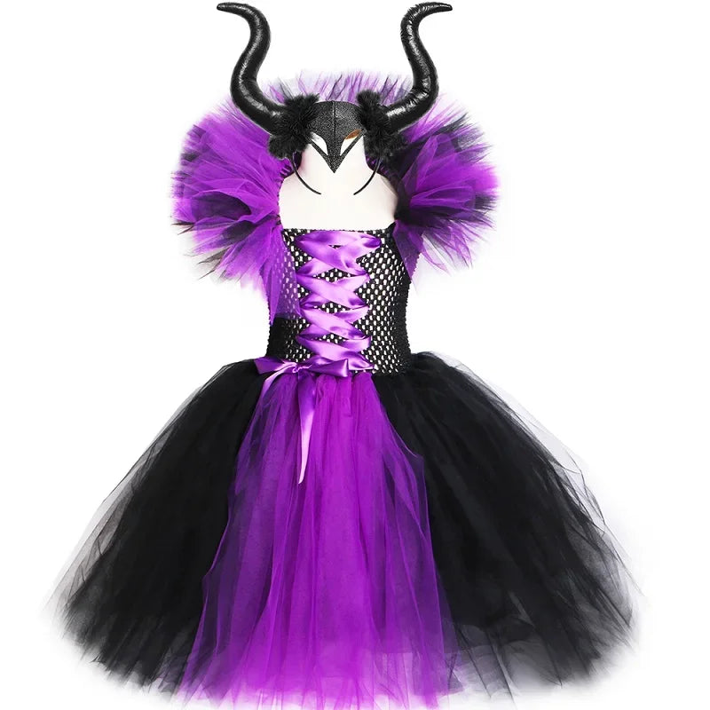 Halloween Dark Queen Costume for Kids Carnival Party Dress Up Outfit Purple Black Witch Costume for Girls Fancy Tulle Tutu Dress