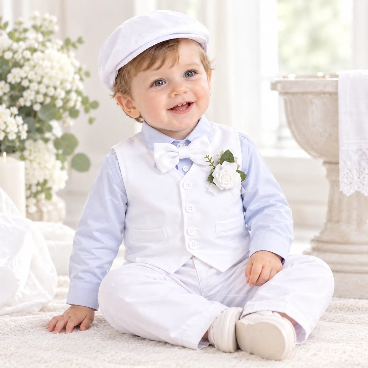 Baby Baptism Vest Clothing Set for 3 6 9 12 18 24M Boys Spring Autumn Long Sleeve Formal Gentleman Wedding Birthday Hat Wear