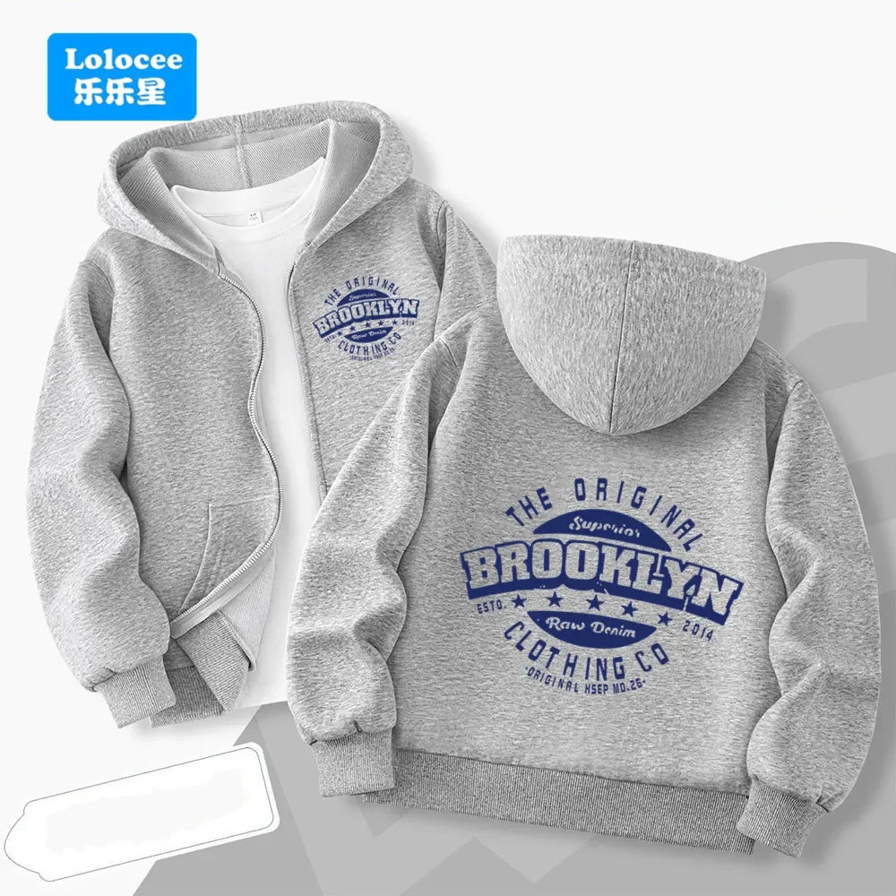 Children's long-sleeve zip-upjacket for autumn and wintercartoon-style outerwear with "23" print;boys' jacket hooded sweatshirt.