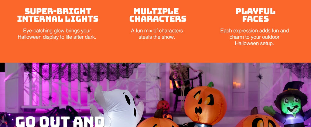 8 ft Long Halloween Inflatable Three Characters and Pumpkin Patch Outdoor Decoration Inflatable Witch Ghost Skeleton Yard for Halloween Gift