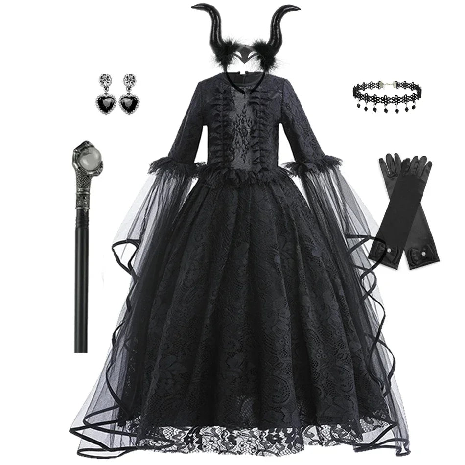 Maleficent Costume Girl Girls Halloween Costume Cosplay Evil Queen Black Mesh Children Carnival Party Wand Demonic Witch Dress