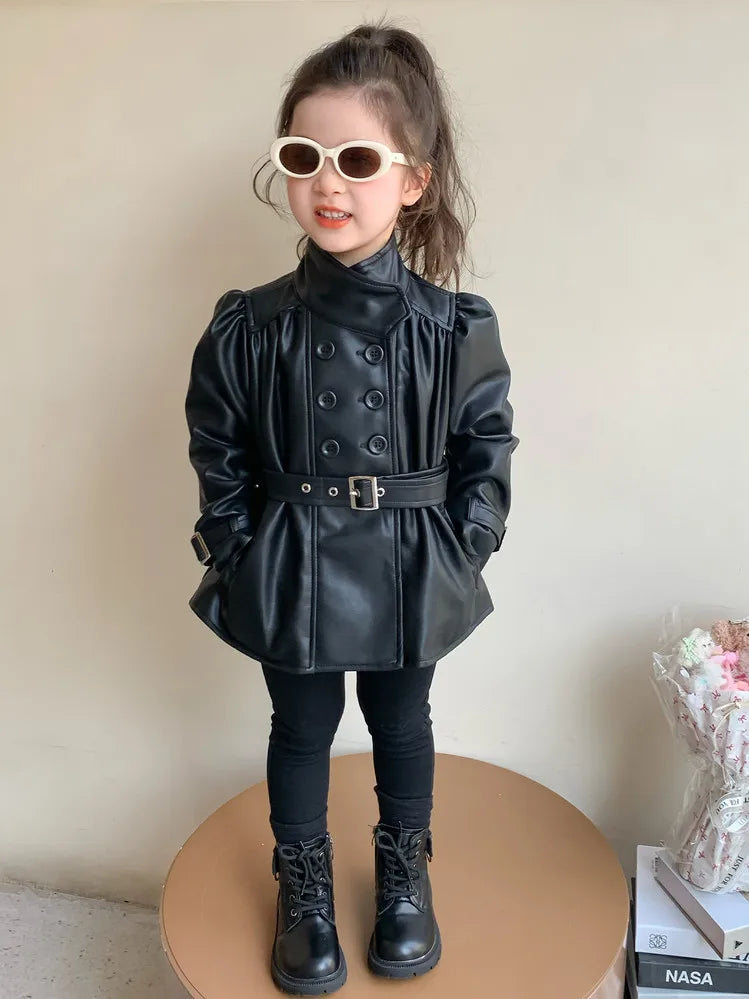 Children Leather Jacket Autumn and Winter 2026 New Fashion Waist Cinched Jacket for Girls Korean Stand Up Collar Jacket Top