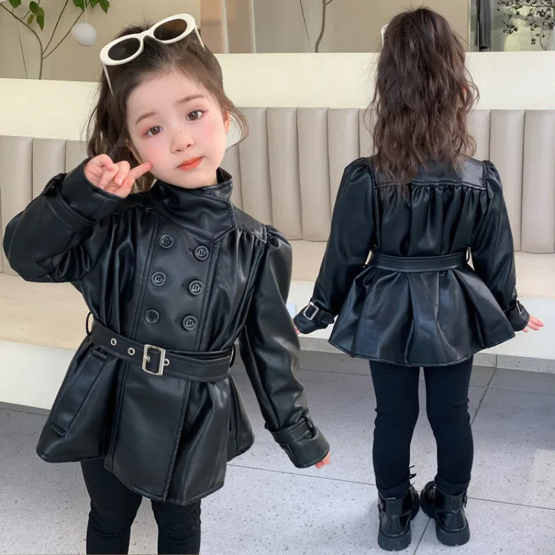 Children Leather Jacket Autumn and Winter 2026 New Fashion Waist Cinched Jacket for Girls Korean Stand Up Collar Jacket Top