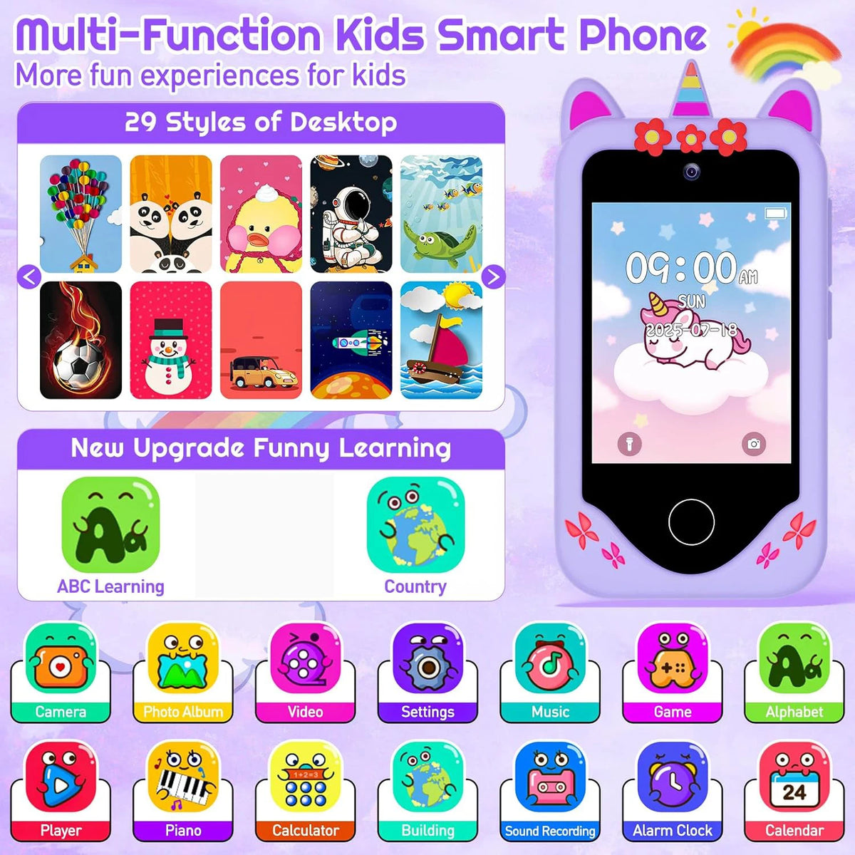 Children Toy Smartphone 2.8 Inch Touch Screen Dual Cameras, Educational Learning Game Music Player, Gift for Kids