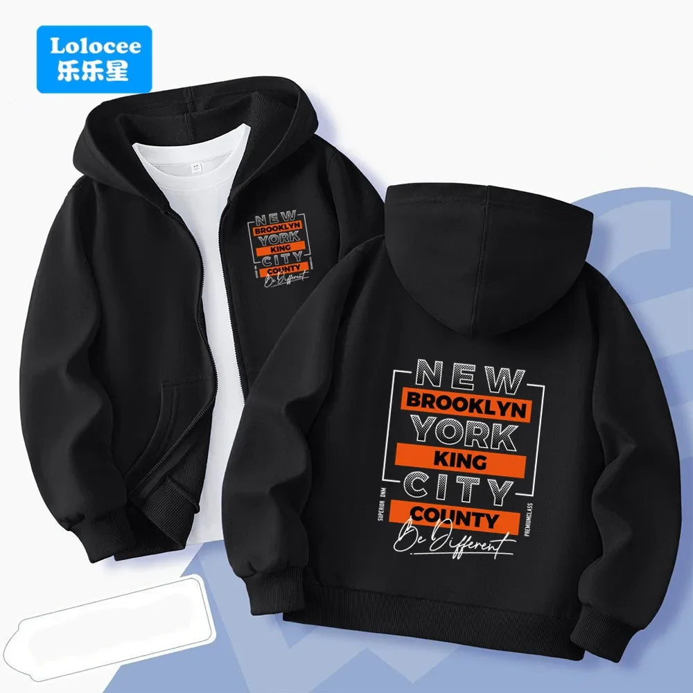 Children's long-sleeve zip-upjacket for autumn and wintercartoon-style outerwear with "23" print;boys' jacket hooded sweatshirt.