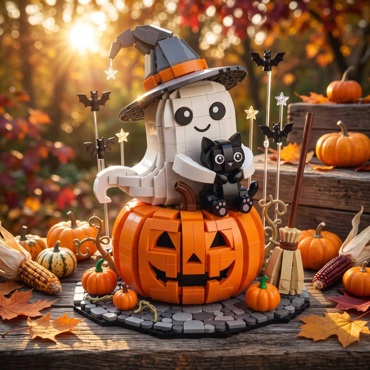 MOC Halloween Pumpkin Lantern Ghost Witch Black Cat Building Blocks Set Cute Desktop Ornament Idea Toys For Adults Holiday Gifts