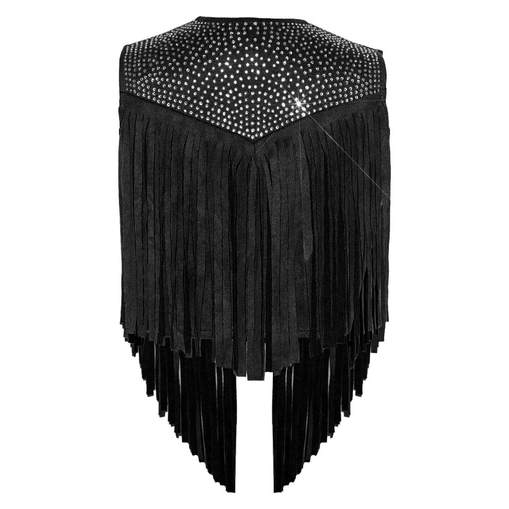 Girls Western Cowgirl Vest Tassels Shiny Rhinestones Open Front Waistcoat Tops Halloween Carnival Theme Party Cowboy Costume