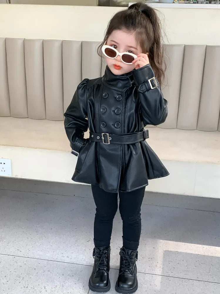 Children Leather Jacket Autumn and Winter 2026 New Fashion Waist Cinched Jacket for Girls Korean Stand Up Collar Jacket Top