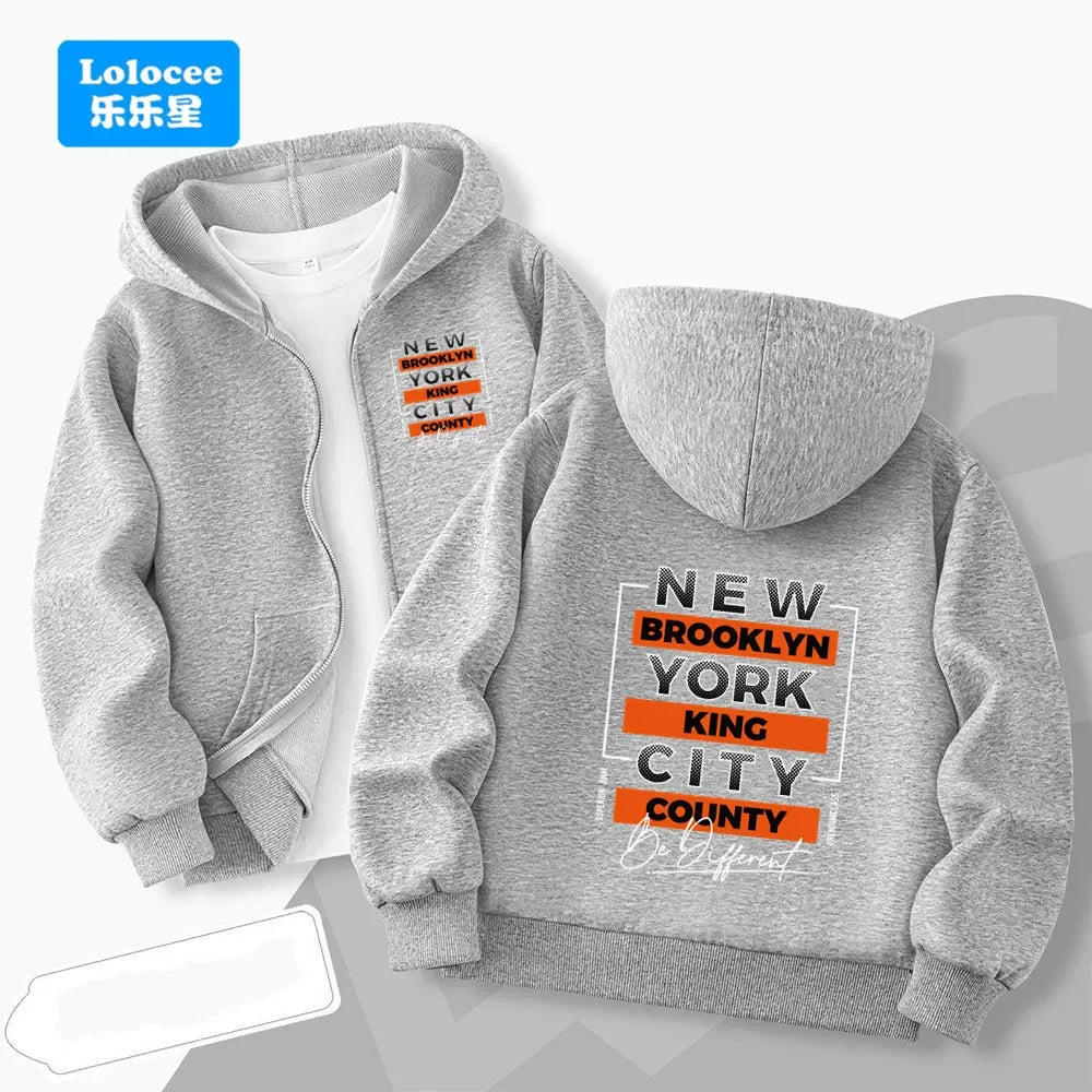 Children's long-sleeve zip-upjacket for autumn and wintercartoon-style outerwear with "23" print;boys' jacket hooded sweatshirt.