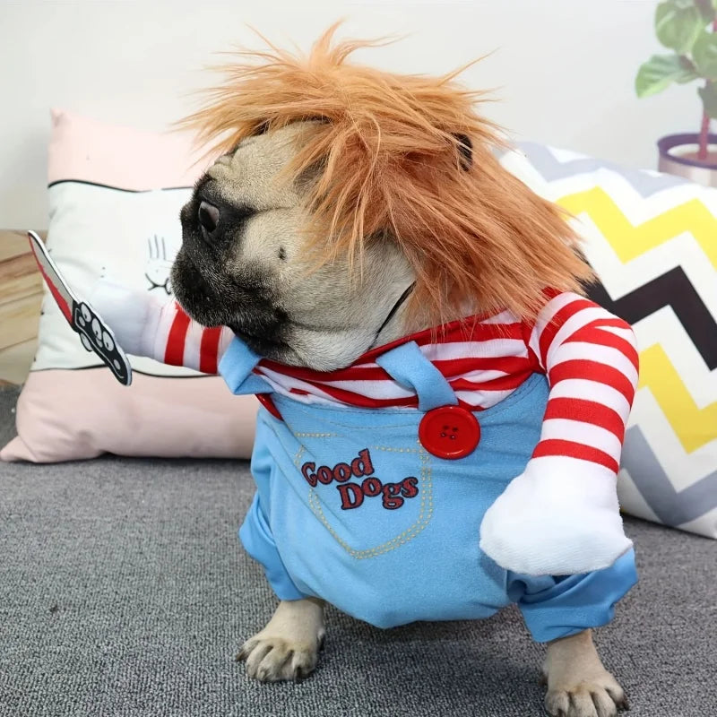 Funny Dog Halloween Costume Horror Doll Style Pet Cosplay Clothes with Wig Plush Arms Party Outfit for Dogs