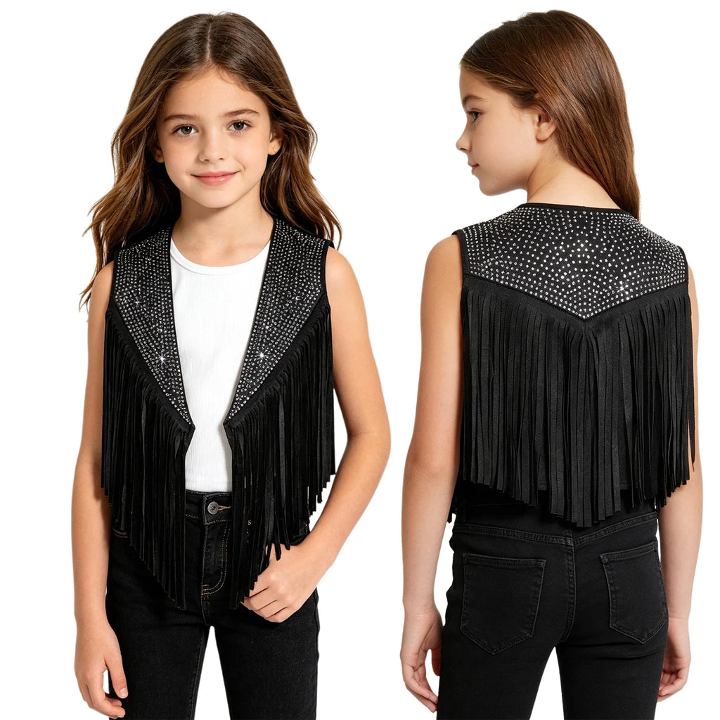 Girls Western Cowgirl Vest Tassels Shiny Rhinestones Open Front Waistcoat Tops Halloween Carnival Theme Party Cowboy Costume