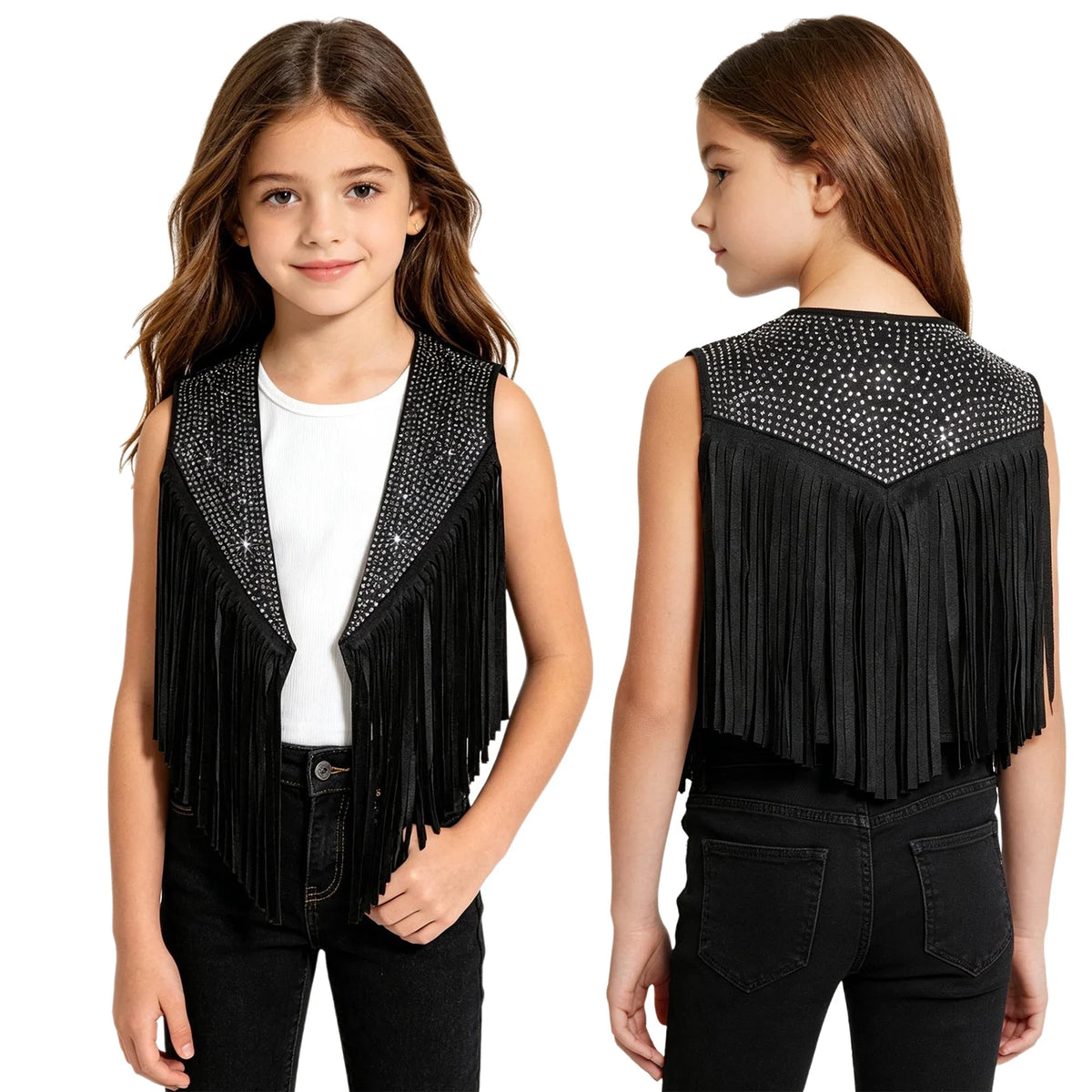 Girls Western Cowgirl Vest Tassels Shiny Rhinestones Open Front Waistcoat Tops Halloween Carnival Theme Party Cowboy Costume