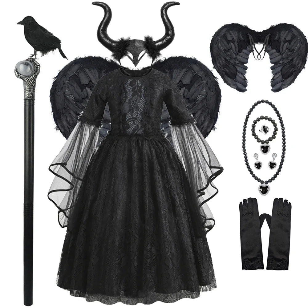 Maleficent Costume Girl Girls Halloween Costume Cosplay Evil Queen Black Mesh Children Carnival Party Wand Demonic Witch Dress