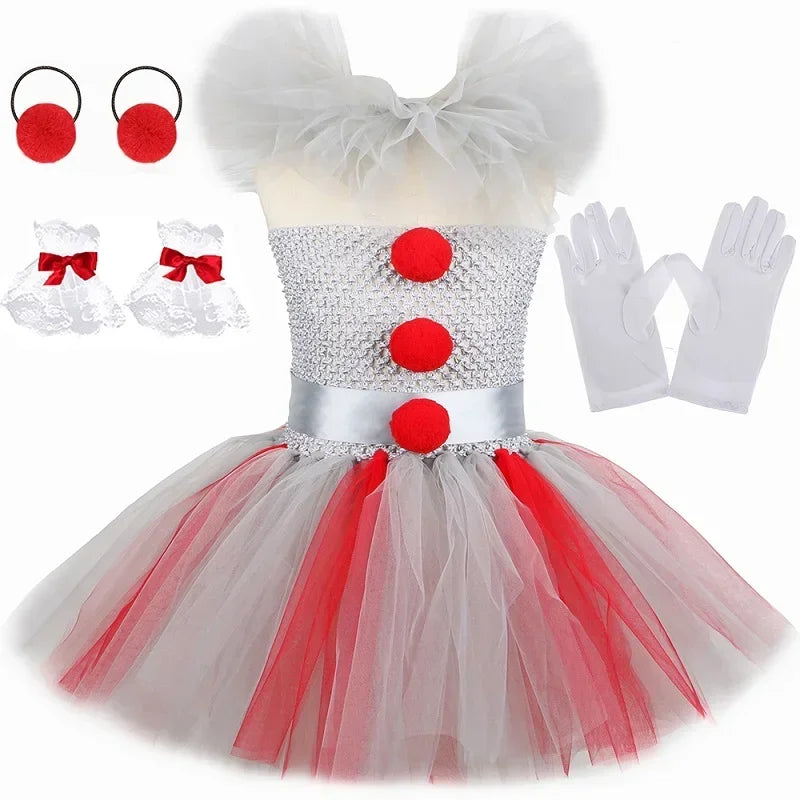 HJTT Creepy Clown Costume for Girls Halloween Tutu Dress Grey Red Scary Clown Outfit Kids Carnival Party Fancy Dress Up Clothes