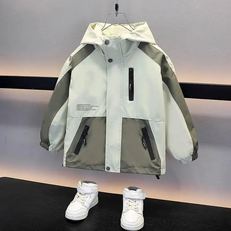 Children Clothing Color Blocking Jacket 2026 Spring Autumn Teen Boys Fashion Zipper Hooded Windbreaker Coat Kids Outewear Tops