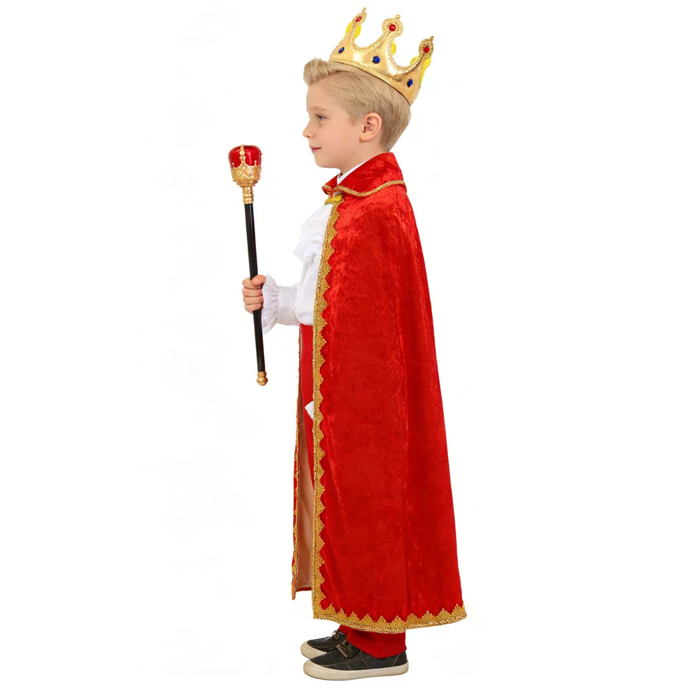 High Quality Boys King Costumes Birthday Christmas Halloween Party Children Red Blue Velvet Cloak Kids Prince Robe Crown Scepter