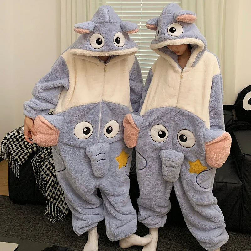 Kigurumi Cat Dinosaur Shark Women Men Pajamas Onesie Couples Jumpsuit Winter Thicken Hooded Pyjamas Halloween Christmas Homewear