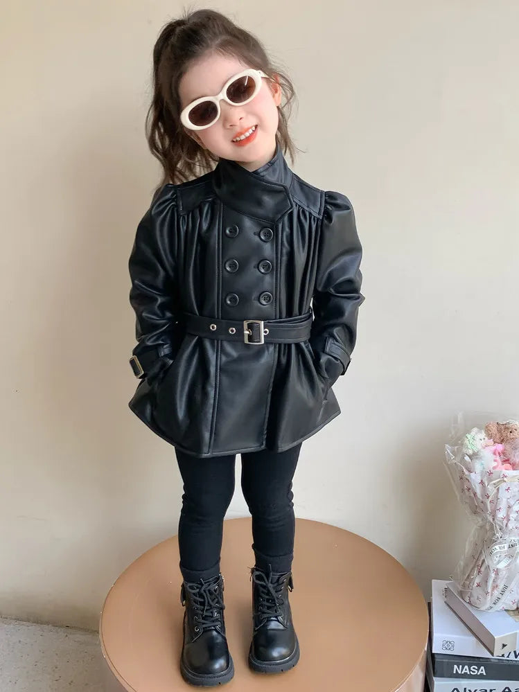 Children Leather Jacket Autumn and Winter 2026 New Fashion Waist Cinched Jacket for Girls Korean Stand Up Collar Jacket Top