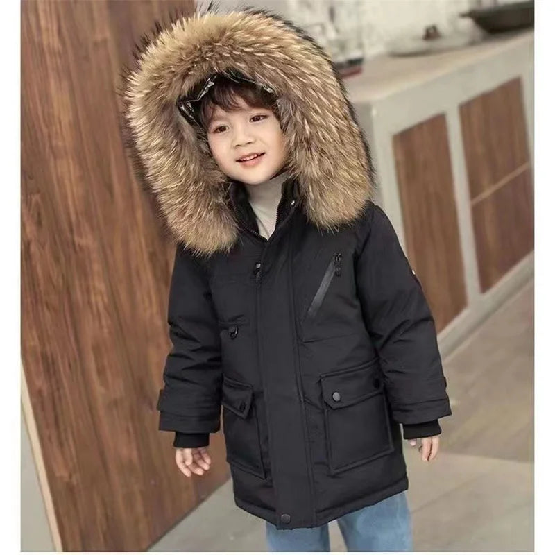 Boys Thickened Down Jackets Children Winter Large Fur Collar Cotton Coat New Kids Warm Hooded Outerwear Teenager Padded Clothing