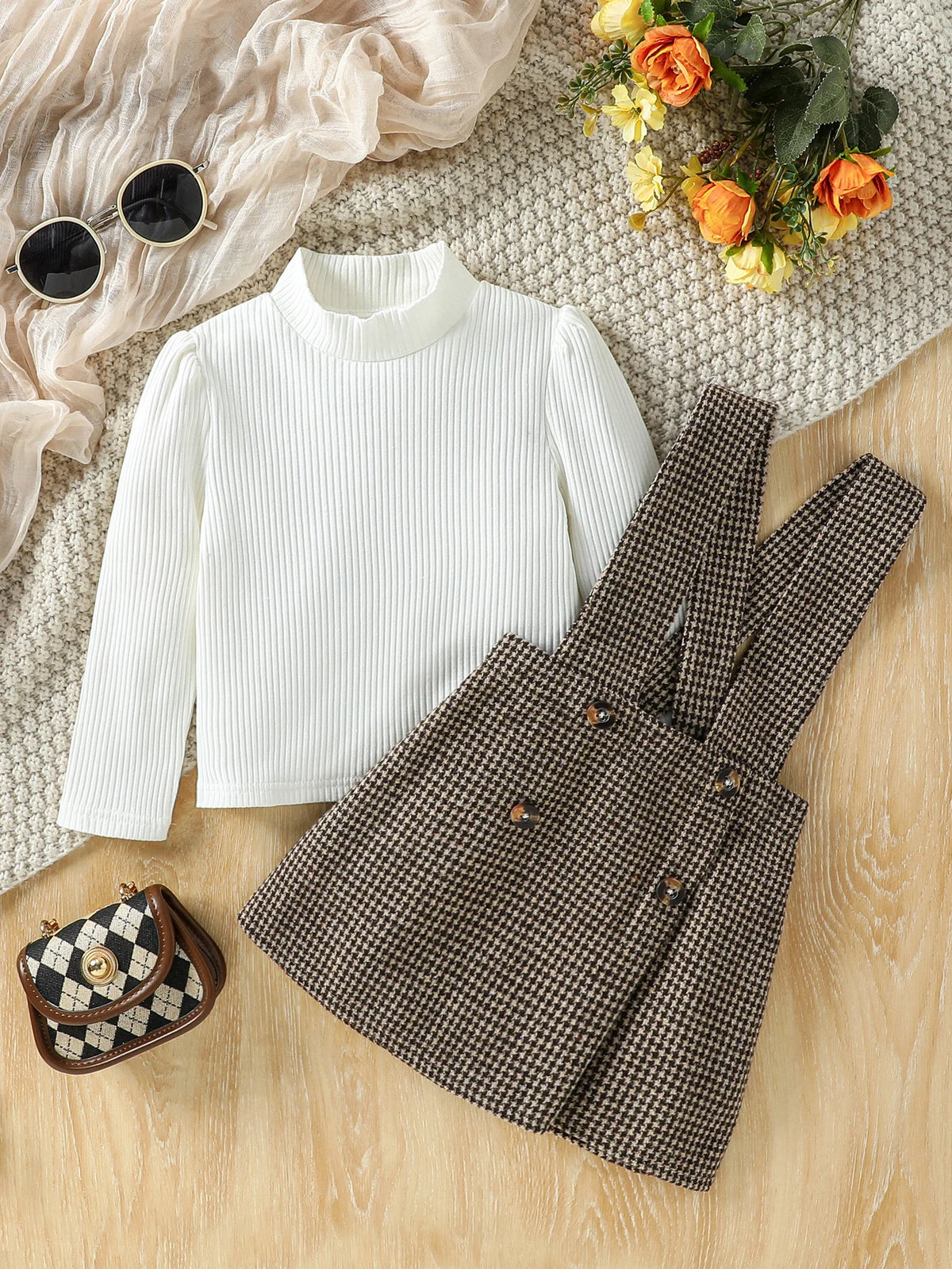 Children Autumn Fashion Clothes 2 Pieces Suit White Turtleneck Ribbed Tops+Plaid Suspender Skirt Kids Sets Clothes  Casual 1-6Y