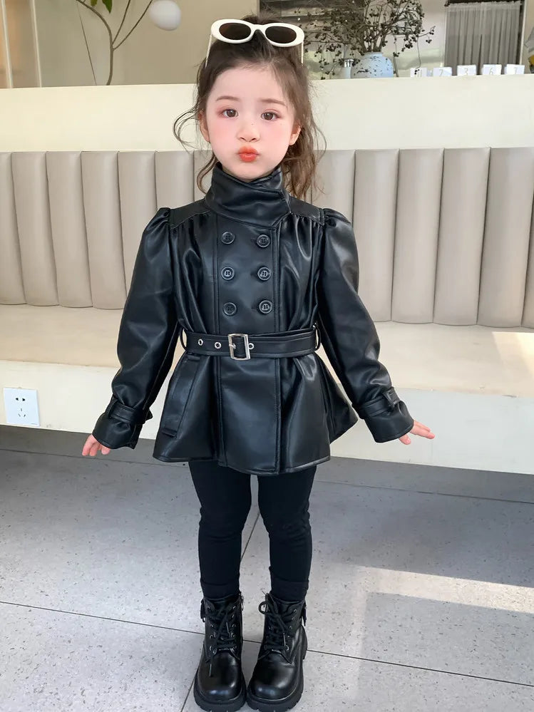 Children Leather Jacket Autumn and Winter 2026 New Fashion Waist Cinched Jacket for Girls Korean Stand Up Collar Jacket Top