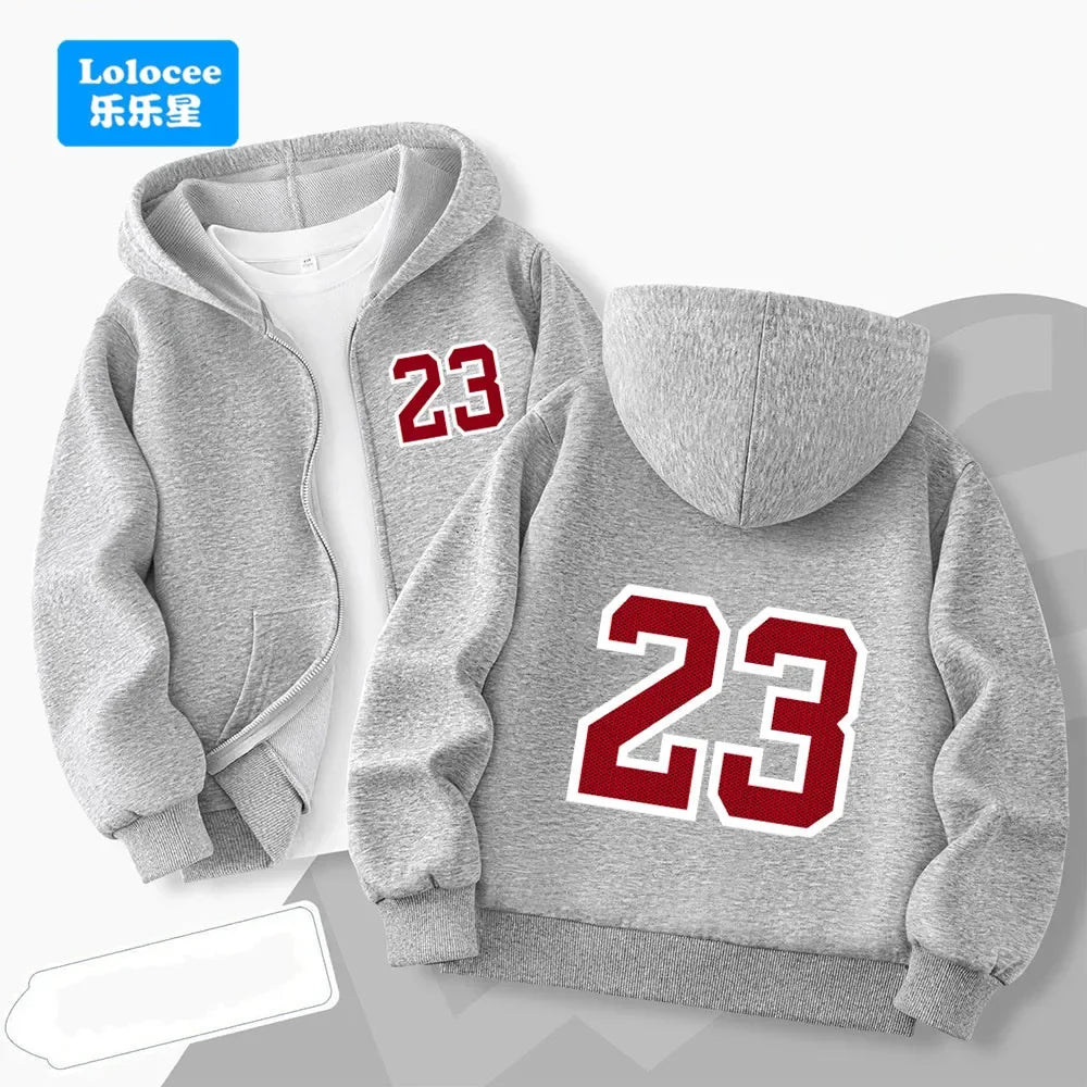 Children's long-sleeve zip-upjacket for autumn and wintercartoon-style outerwear with "23" print;boys' jacket hooded sweatshirt.